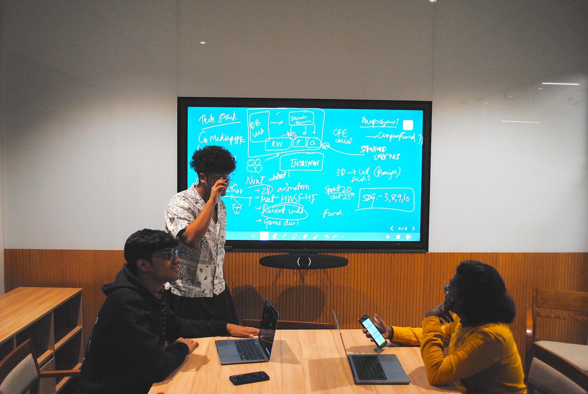 Thinklude team collaborating around a digital whiteboard