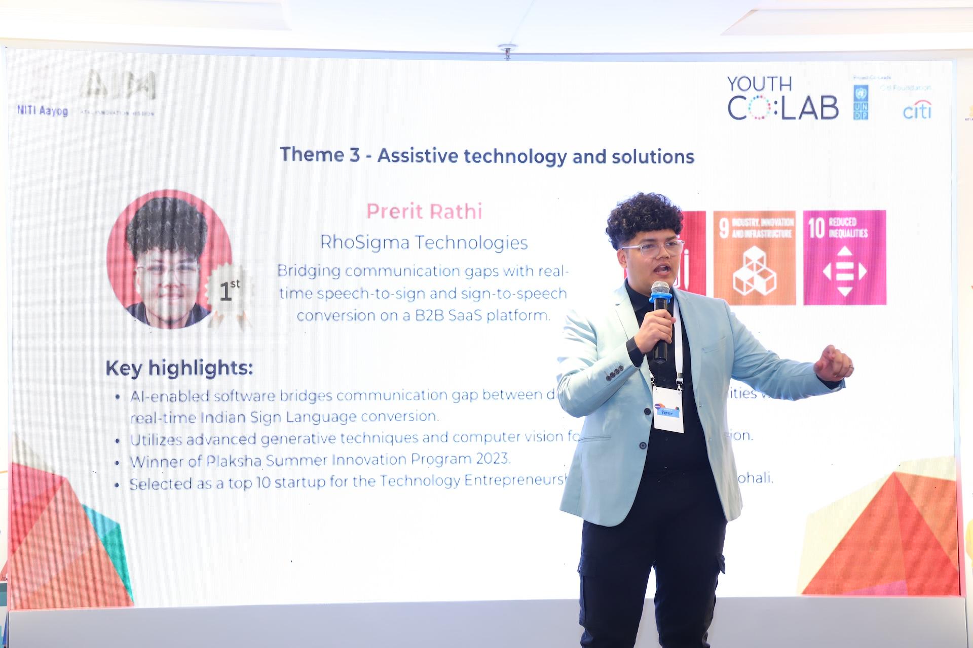 Prerit Rathi presenting Thinklude's assistive technology work